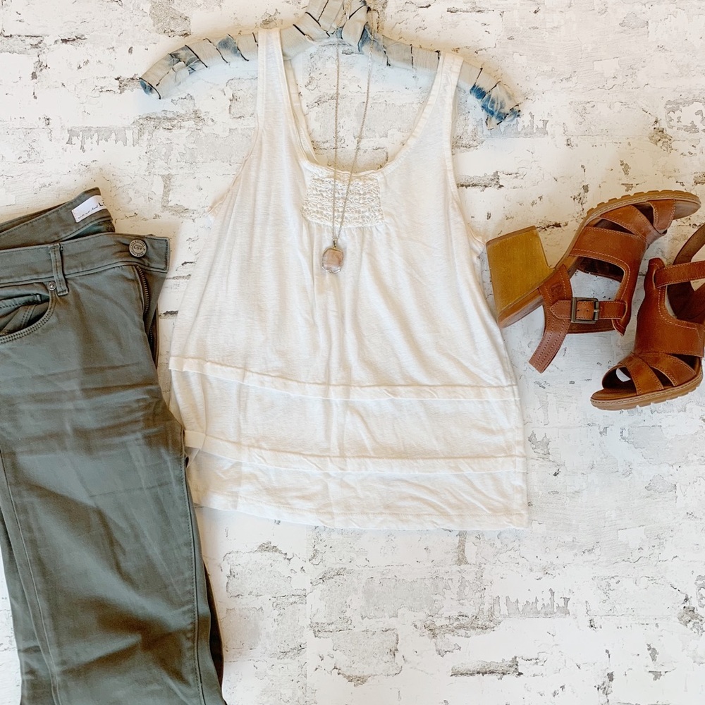 Ann Taylor LOFT Cream Tank Top with  Embroidery